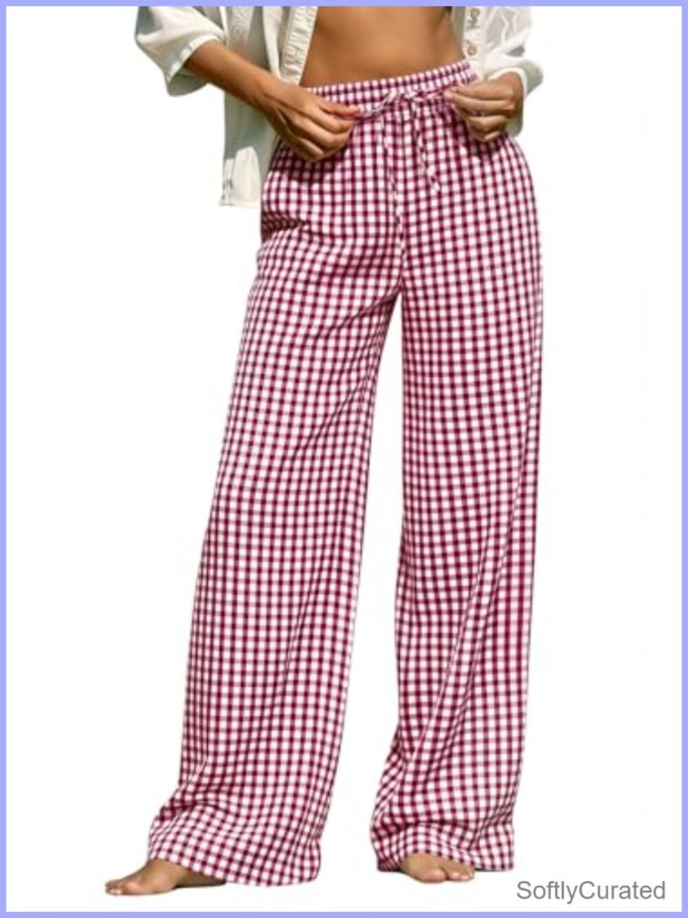 Cotton Plaid Palazzo Lounge Pants Wide Leg Drawstring Pajama Bottoms Pockets